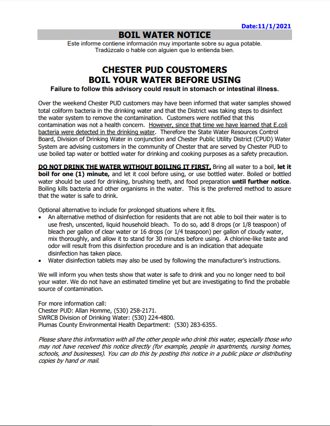 E. Coli Found in Chester Water – Chester Public Utility District Issues Boil Water Notice
