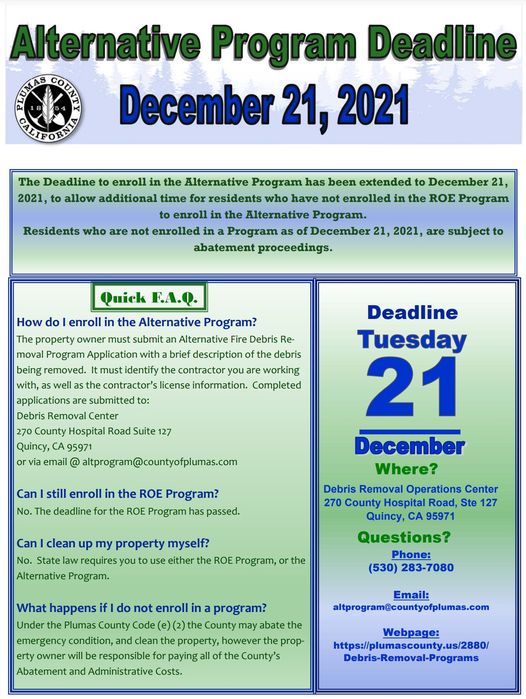 Deadline for Plumas County Alternative Debris Removal Program Extended