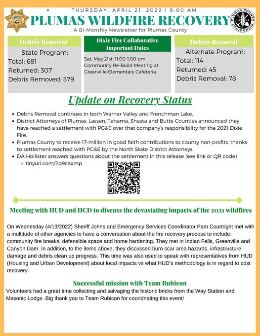 Plumas Wildfire Recovery Newsletter April 21, 2021