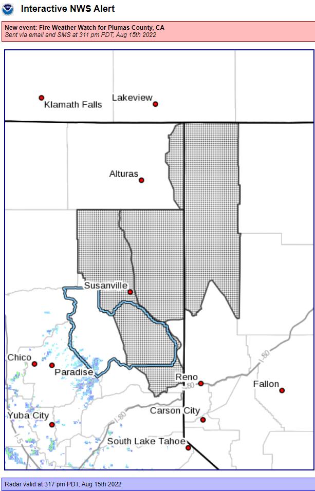 Fire Watch in Effect for Lassen, Plumas, Sierra Counties Wednesday