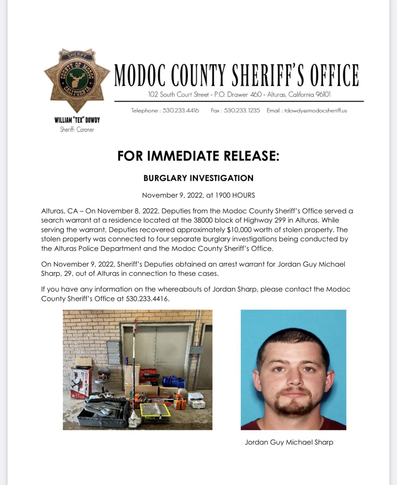 Modoc SO Searching for Burglary Suspect