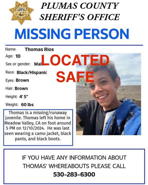 Found – Missing 10-Year-Old Thomas Rios in Plumas County