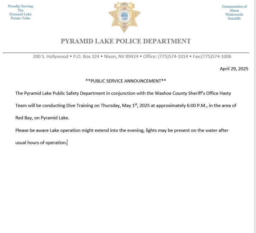 Dive Training Announcement at Pyramid Lake on May 6th