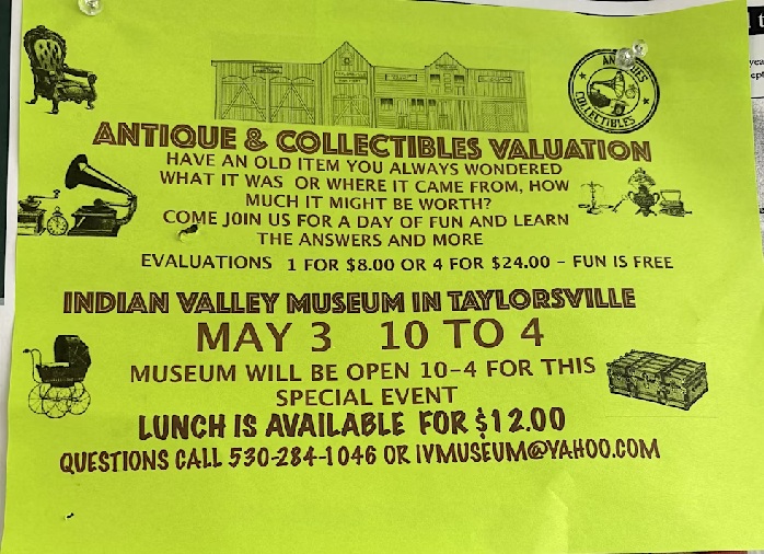 Antique and Collectibles Valuation Day at Indian Valley Museum on May 3