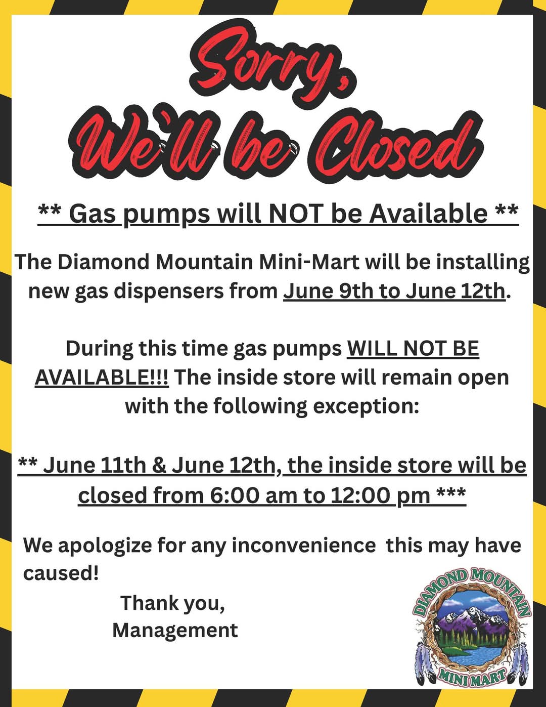 Diamond Mountain Mini Mart Gas Pumps Closed for Upgrades June 9 to 12 at Diamond Mountain Mini Mart