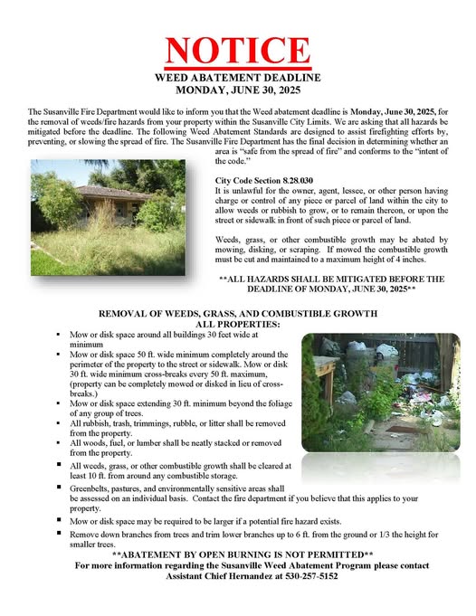 Susanville Fire Department Urges Community to Meet Weed Abatement Deadline for Fire Safety