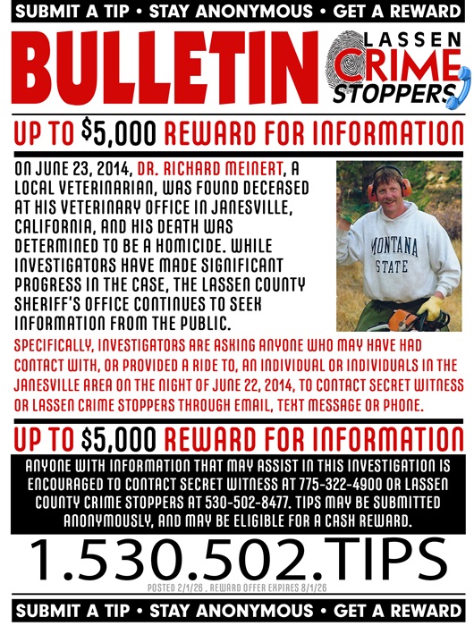Reward Offered for Information in Dr Richard Meinert Homicide Investigation