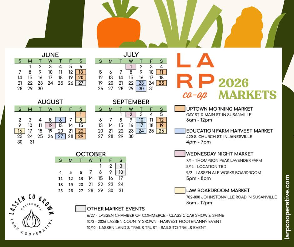 ANNOUNCING the 2026 Local Area Revitalization Project Co-Op’s Farmers Market Dates!