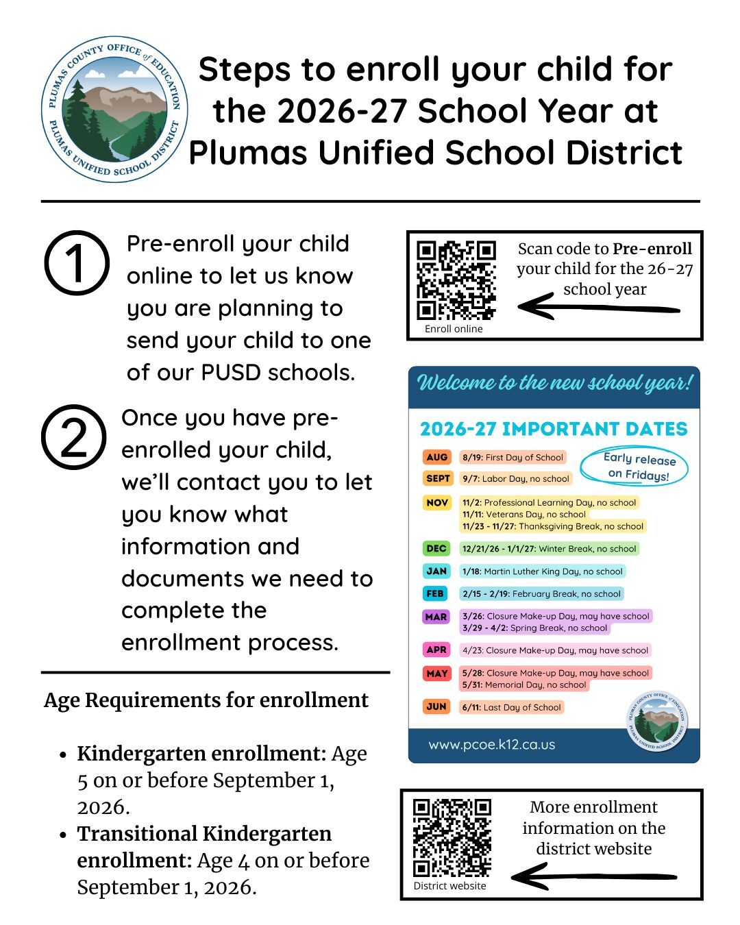 Enroll New Students for 2026-27 School Year at Plumas Unified School District
