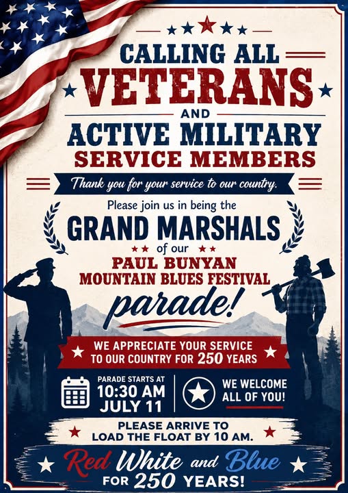 Veterans to Lead Grand Marshal Float at Paul Bunyan Mountain Blues Festival Parade