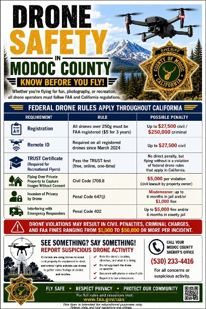 Modoc County Sheriff Reminds Drone Operators to Follow Safety and Privacy Rules