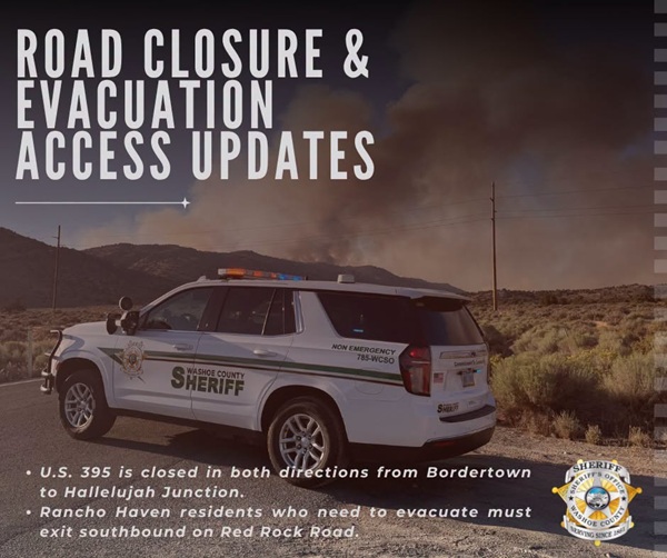 U.S. 395 Closed Both Directions from Bordertown to Hallelujah Junction Evacuation Instructions for Rancho Haven Residents