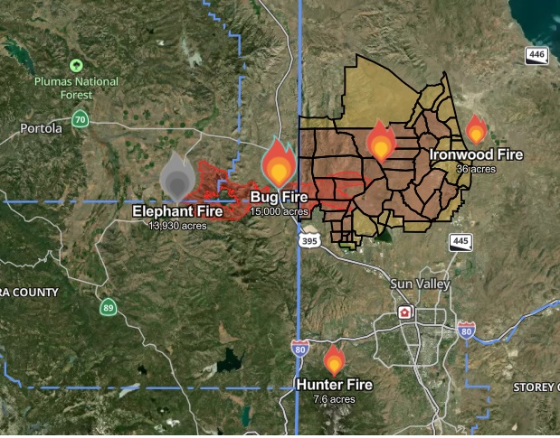 THE FAST-MOVING BUG FIRE HAS EXPLODED TO FIFTEEN-THOUSAND ACRES ALONG THE CALIFORNIA-NEVADA BORDER.