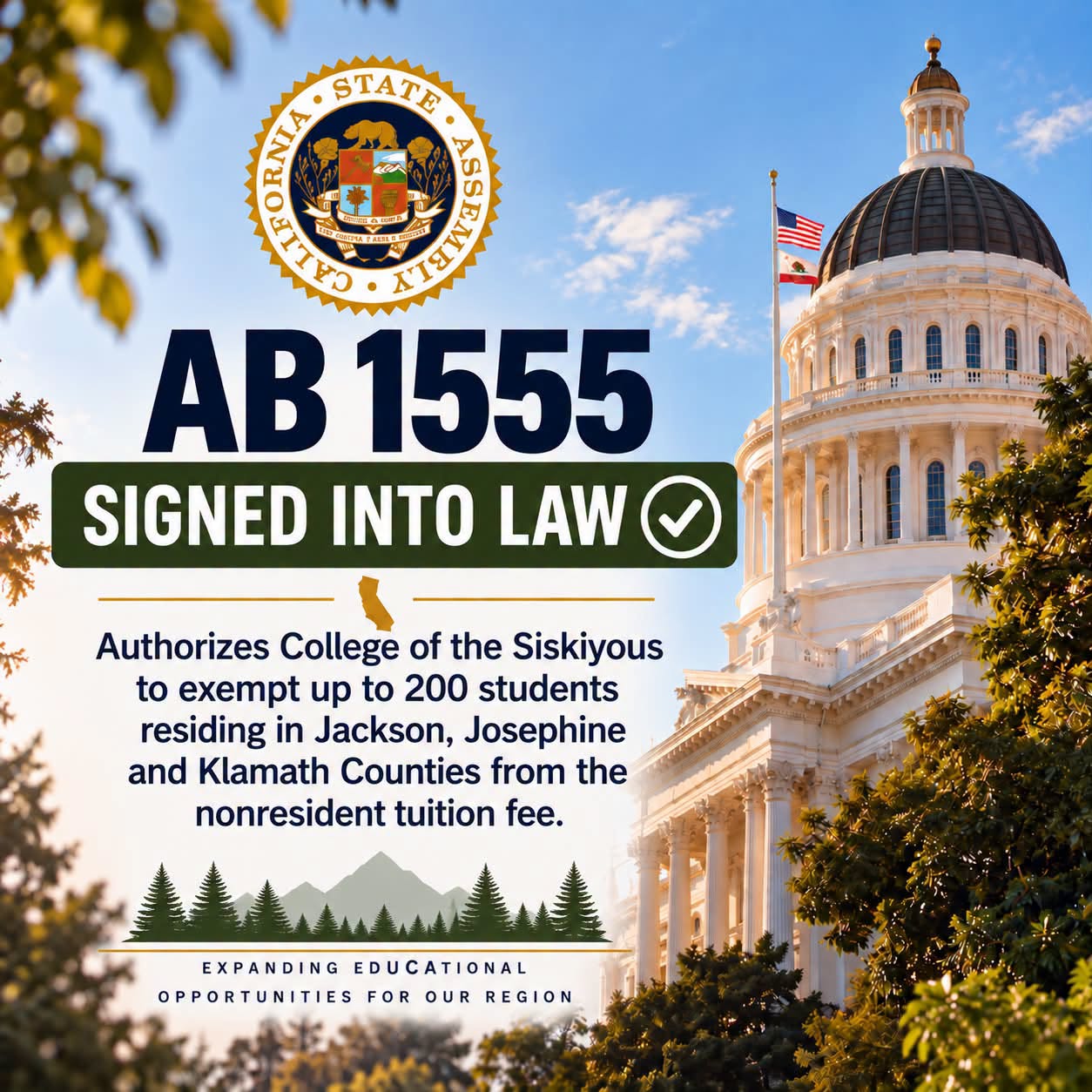 AB 1555 Expands College of the Siskiyous Tuition Exemptions for Oregon Border Students
