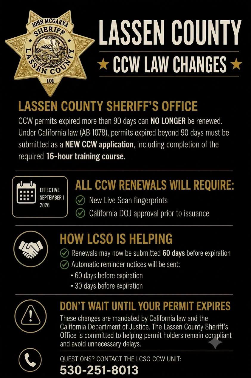 Lassen County Updates Rules for Concealed Carry Permit Renewals Expired Over 90 Days