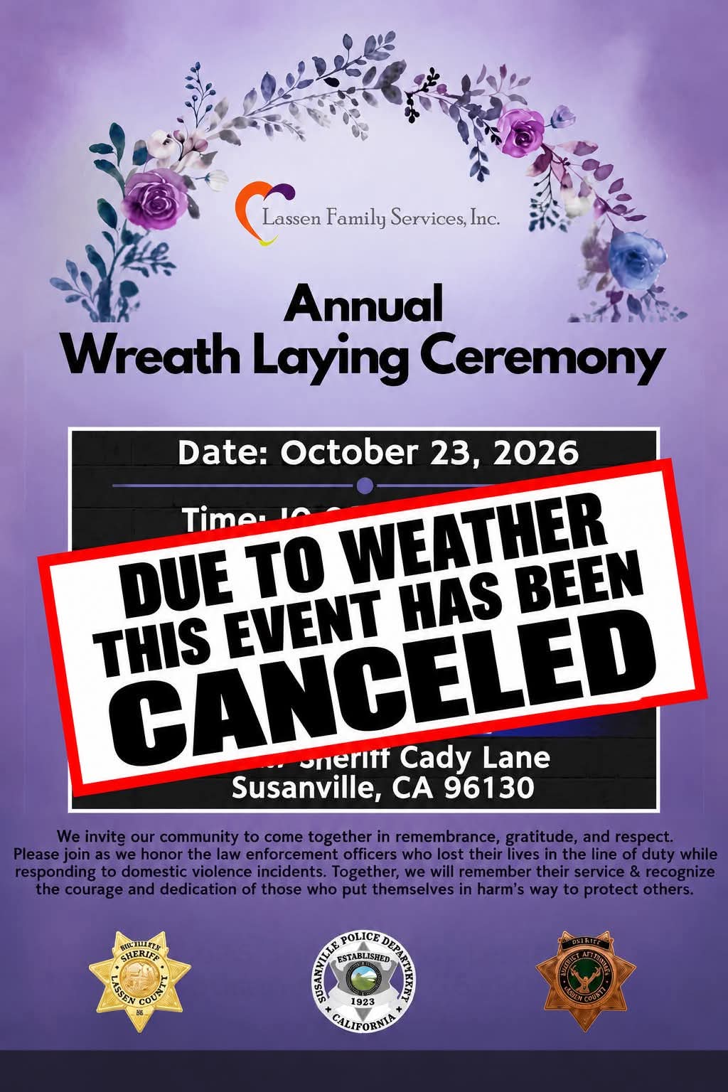CANCELLED Lassen County Honors Fallen Officers and Domestic Violence Fighters with Wreath Laying Ceremony